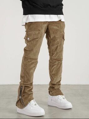 2 SHEIN Men's Corduroy Cargo Pants in Khaki Brown with Ankle Zips